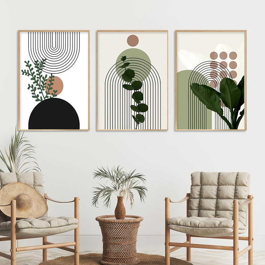 Abstract Green Leaves Geometric Wall Art Posters Canvas Painting Prints Pictures Modern Living Room Interior Home Decoration