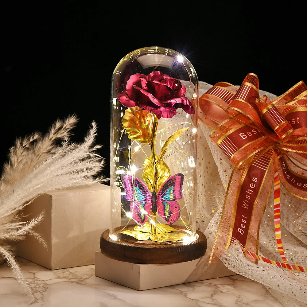 Artificial Flowers Beauty and the Beast Eternal Rose in Glass Cover Valentine's Day Wedding Birthday Decor for Gift