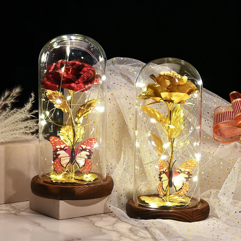 Artificial Flowers Beauty and the Beast Eternal Rose in Glass Cover Valentine's Day Wedding Birthday Decor for Gift