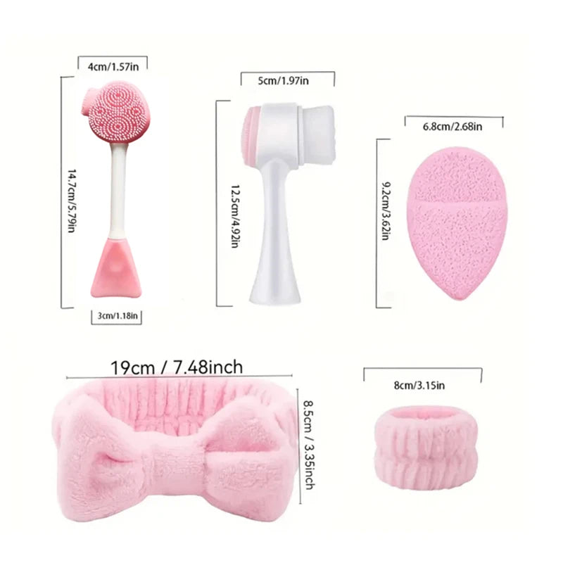 7-piece makeup and face wash beauty set, including 3 headband sets, 1 cosmetic bag, 2 face wash brushes and 1 powder puff