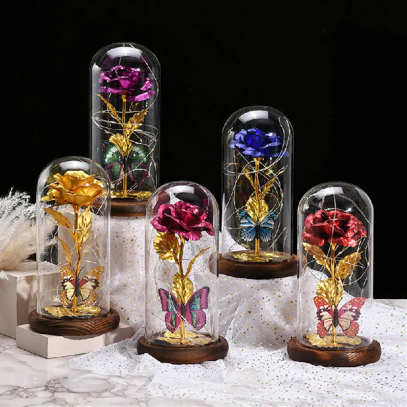 Artificial Flowers Beauty and the Beast Eternal Rose in Glass Cover Valentine's Day Wedding Birthday Decor for Gift