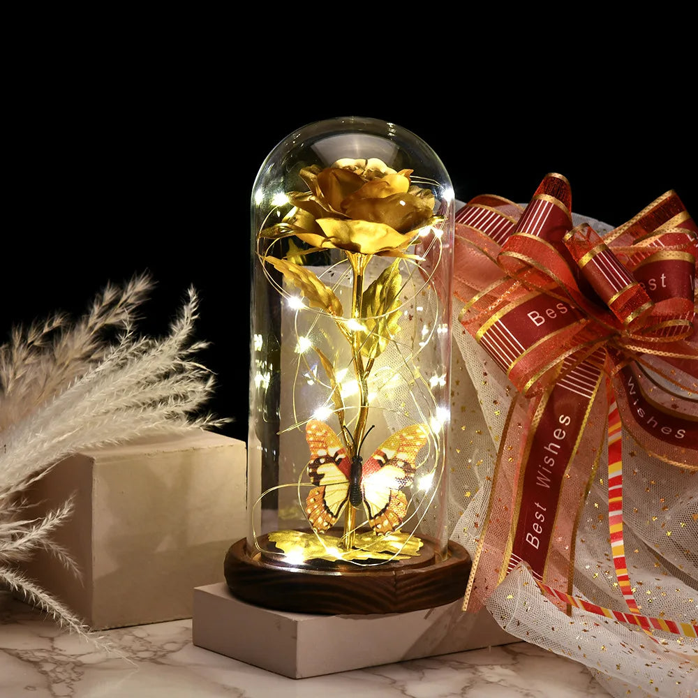 Artificial Flowers Beauty and the Beast Eternal Rose in Glass Cover Valentine's Day Wedding Birthday Decor for Gift