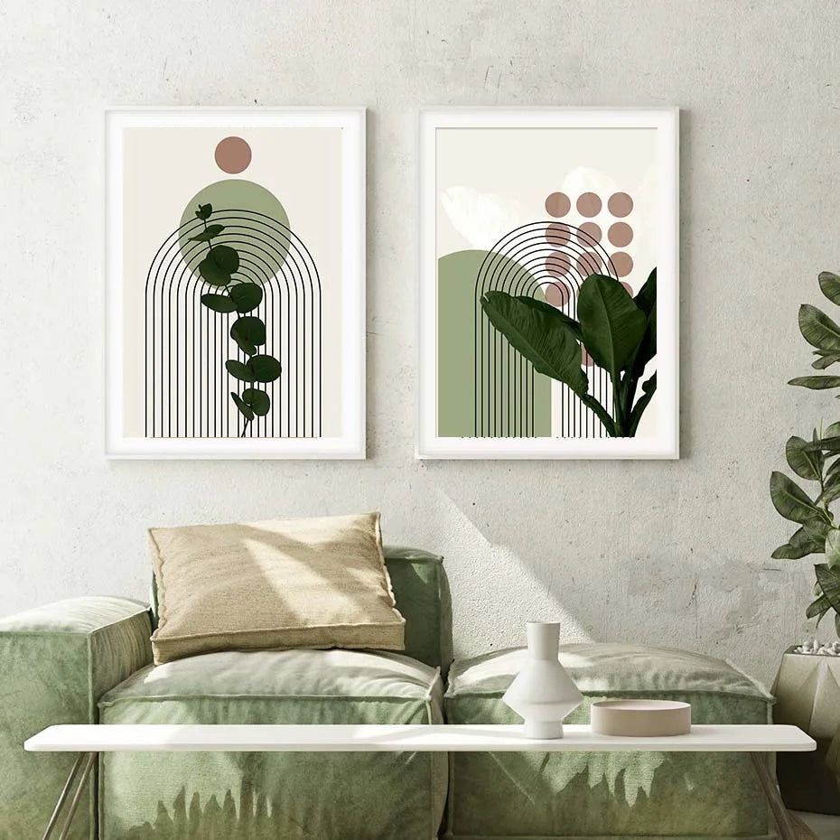 Abstract Green Leaves Geometric Wall Art Posters Canvas Painting Prints Pictures Modern Living Room Interior Home Decoration