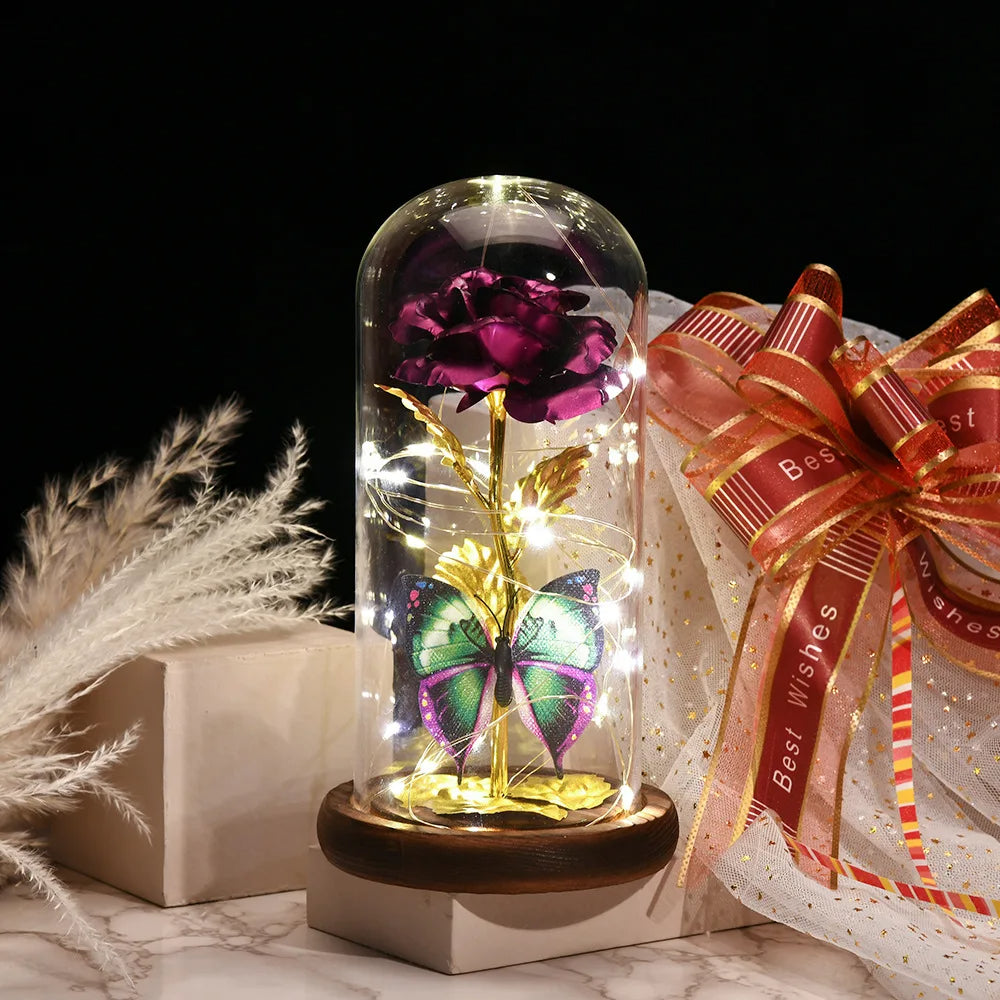 Artificial Flowers Beauty and the Beast Eternal Rose in Glass Cover Valentine's Day Wedding Birthday Decor for Gift