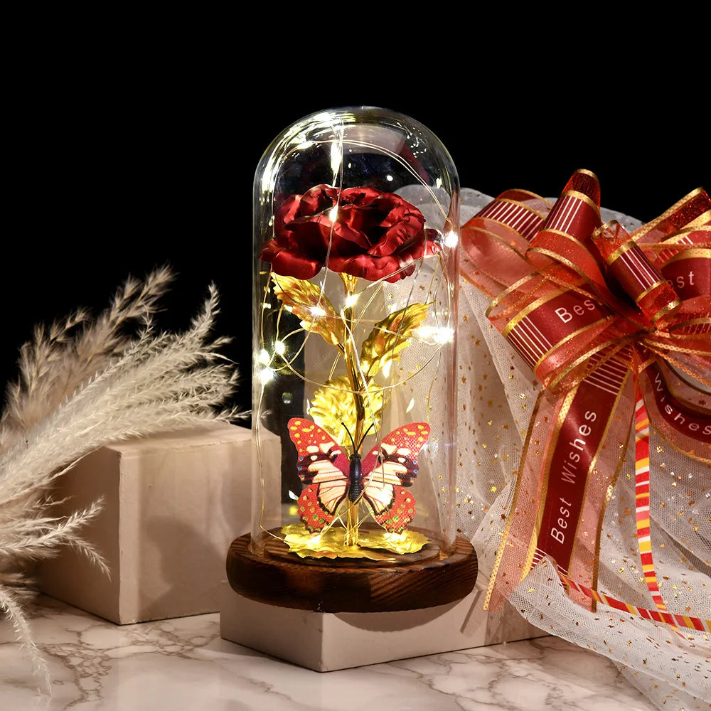 Artificial Flowers Beauty and the Beast Eternal Rose in Glass Cover Valentine's Day Wedding Birthday Decor for Gift