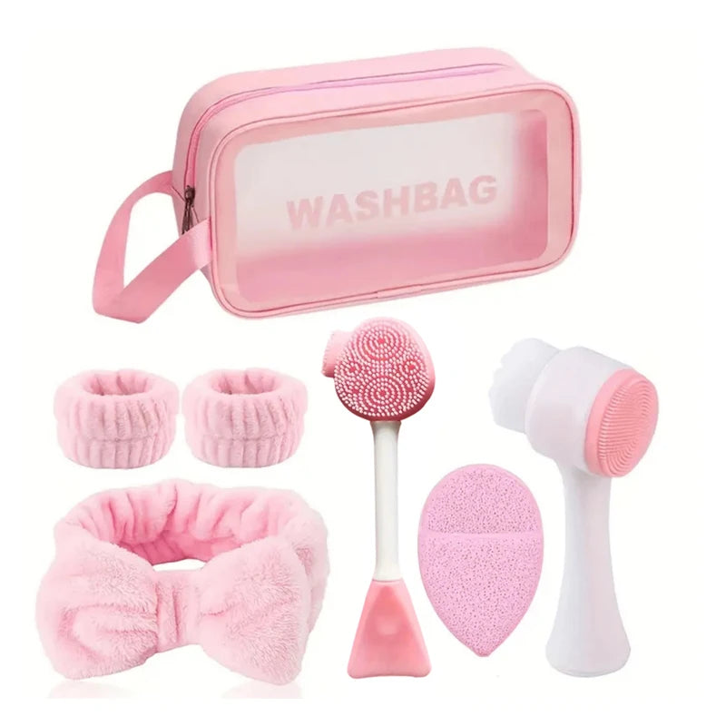 7-piece makeup and face wash beauty set, including 3 headband sets, 1 cosmetic bag, 2 face wash brushes and 1 powder puff